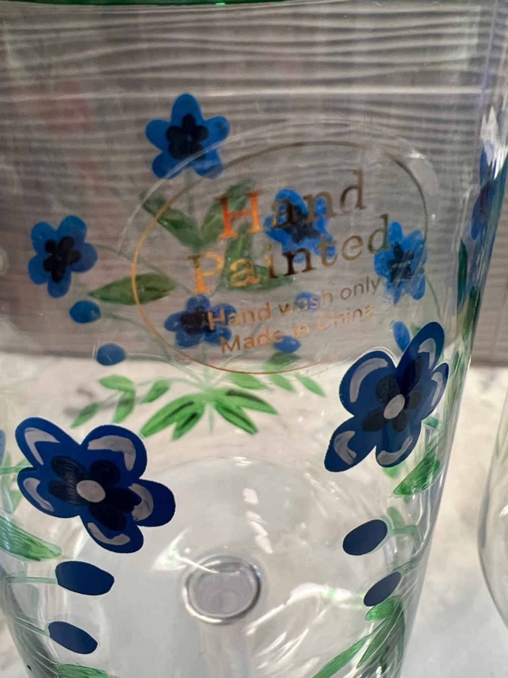 NWT - Blue Floral Hand-Painted Wine Glasses with Green Trim (Pair) - Picture 2 of 4